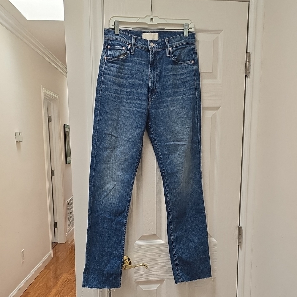 MOTHER High Rise Straight Jeans in Dark Blue Wash